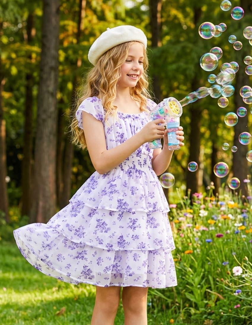 imageGRACE KARIN Girls Spring Summer Floral Dress Teen Ruffle Smocked 3 Layerr Dresses Kids Cute Boho Easter Clothes Size 714White Purple Floral