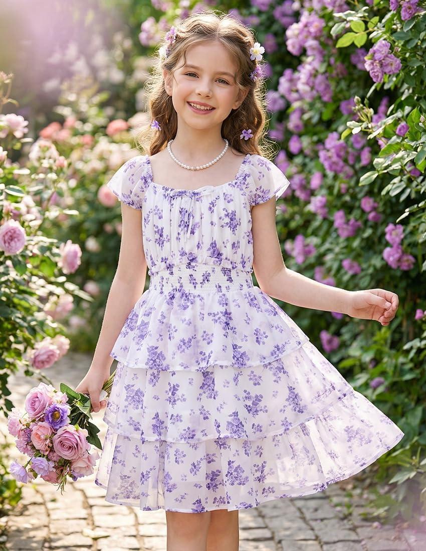 imageGRACE KARIN Girls Spring Summer Floral Dress Teen Ruffle Smocked 3 Layerr Dresses Kids Cute Boho Easter Clothes Size 714White Purple Floral