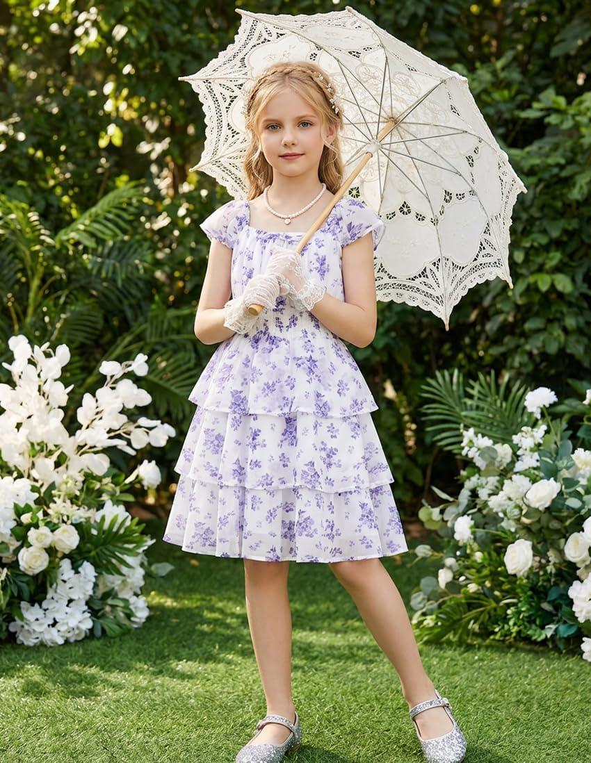 imageGRACE KARIN Girls Spring Summer Floral Dress Teen Ruffle Smocked 3 Layerr Dresses Kids Cute Boho Easter Clothes Size 714White Purple Floral