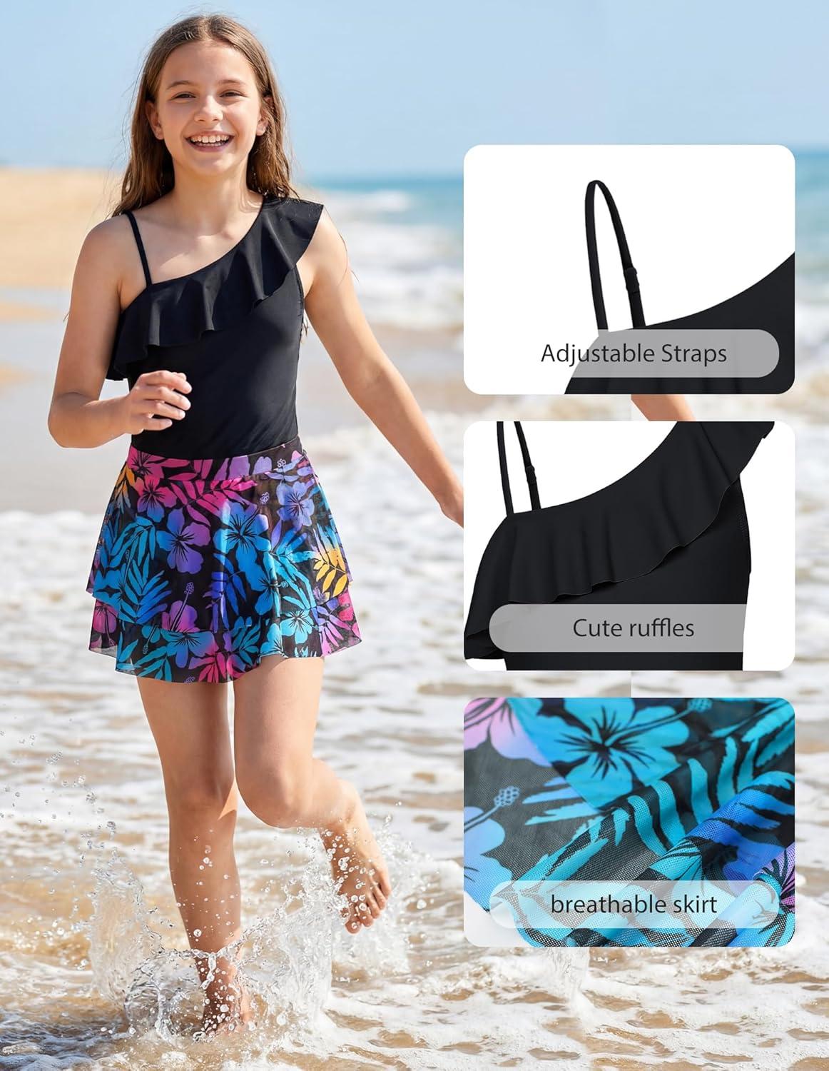 imageGRACE KARIN Girls Swimsuit with Skirt One Piece Bathing Suit Swimwear 614YBlack