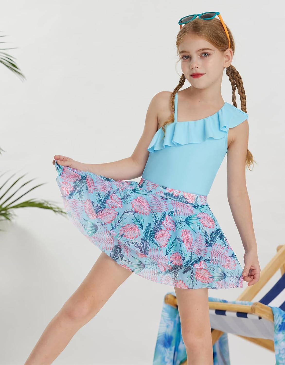 imageGRACE KARIN Girls Swimsuit with Skirt One Piece Bathing Suit Swimwear 614YBlue