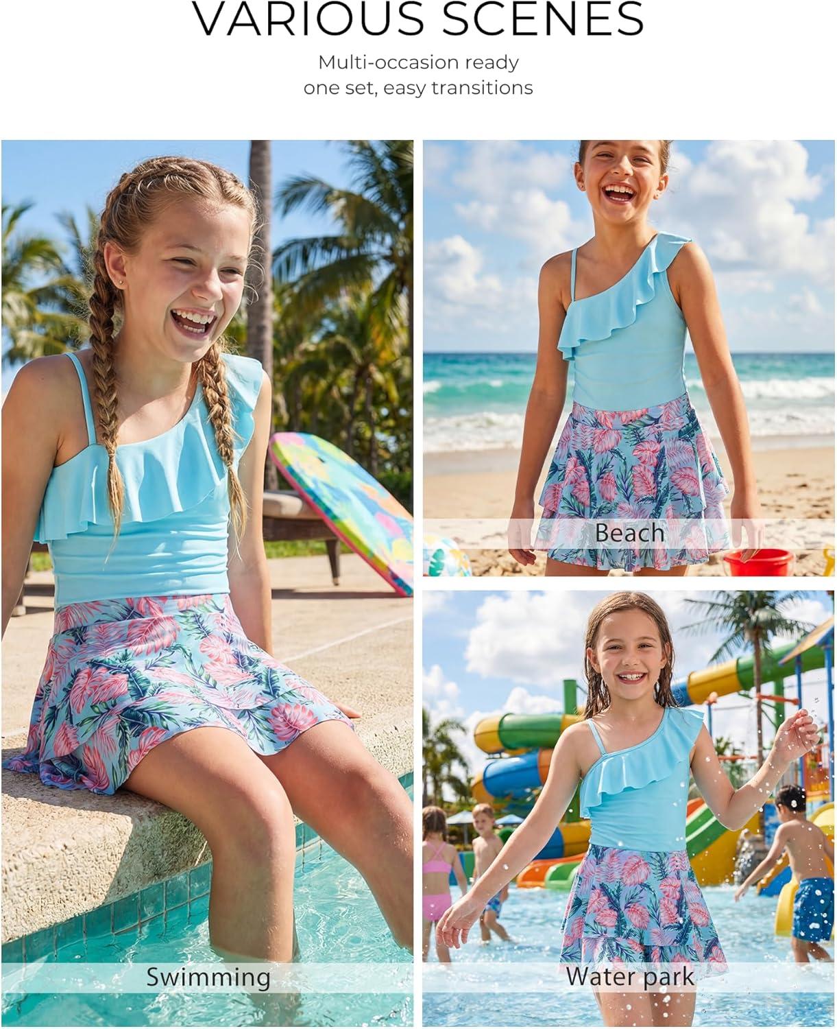imageGRACE KARIN Girls Swimsuit with Skirt One Piece Bathing Suit Swimwear 614YBlue