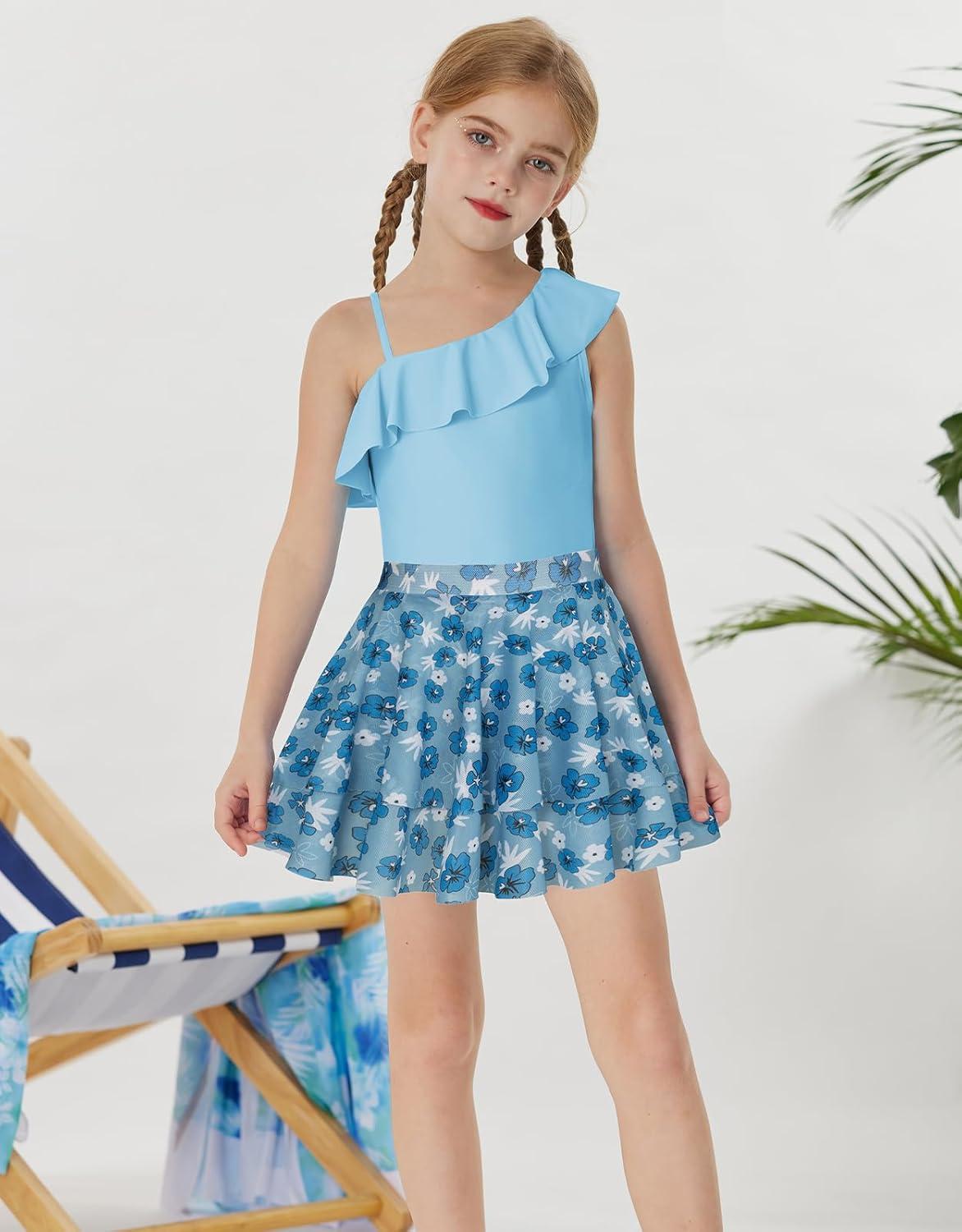 imageGRACE KARIN Girls Swimsuit with Skirt One Piece Bathing Suit Swimwear 614YBlue Floral