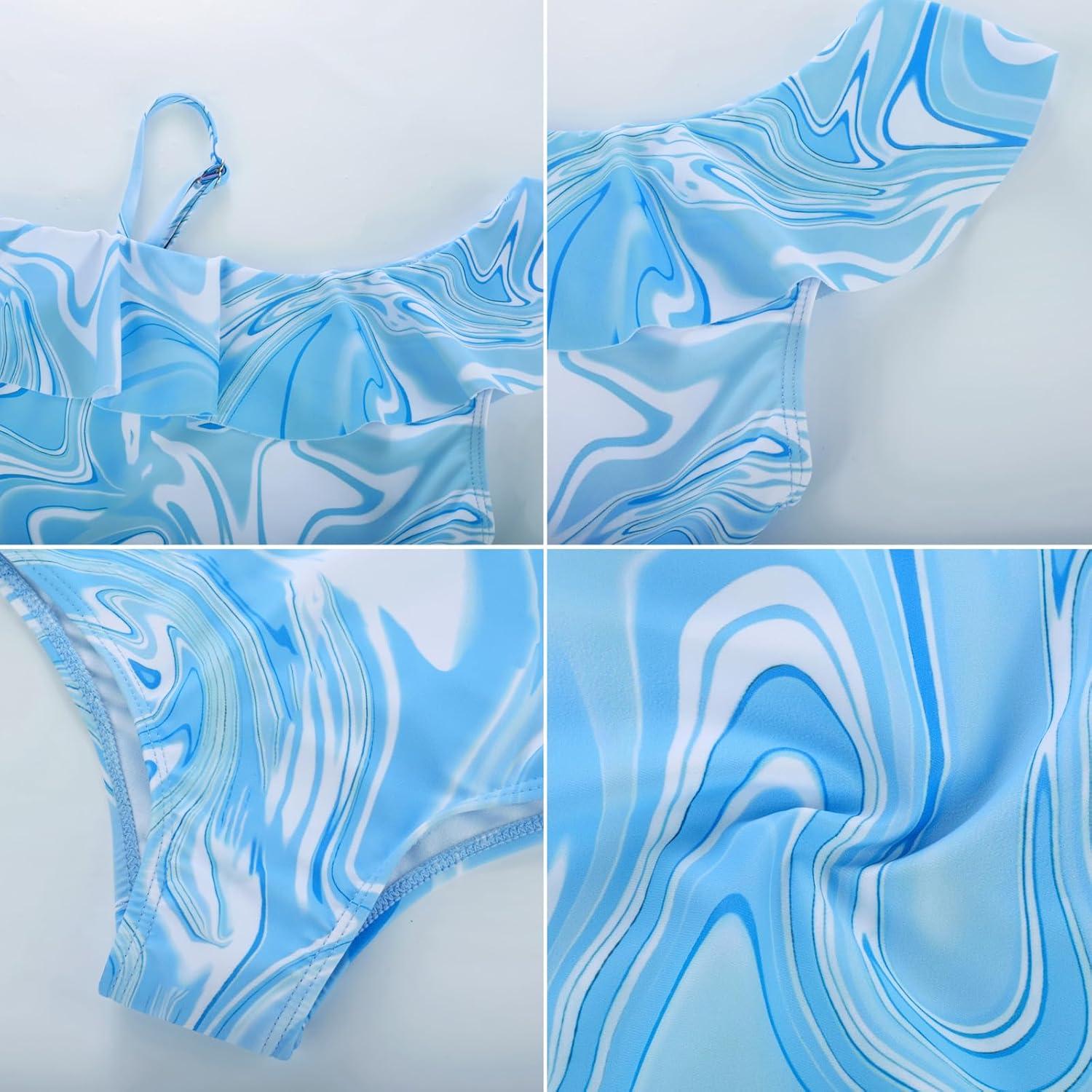 imageGRACE KARIN Girls Swimsuit with Skirt One Piece Bathing Suit Swimwear 614YLight Blue Fluid