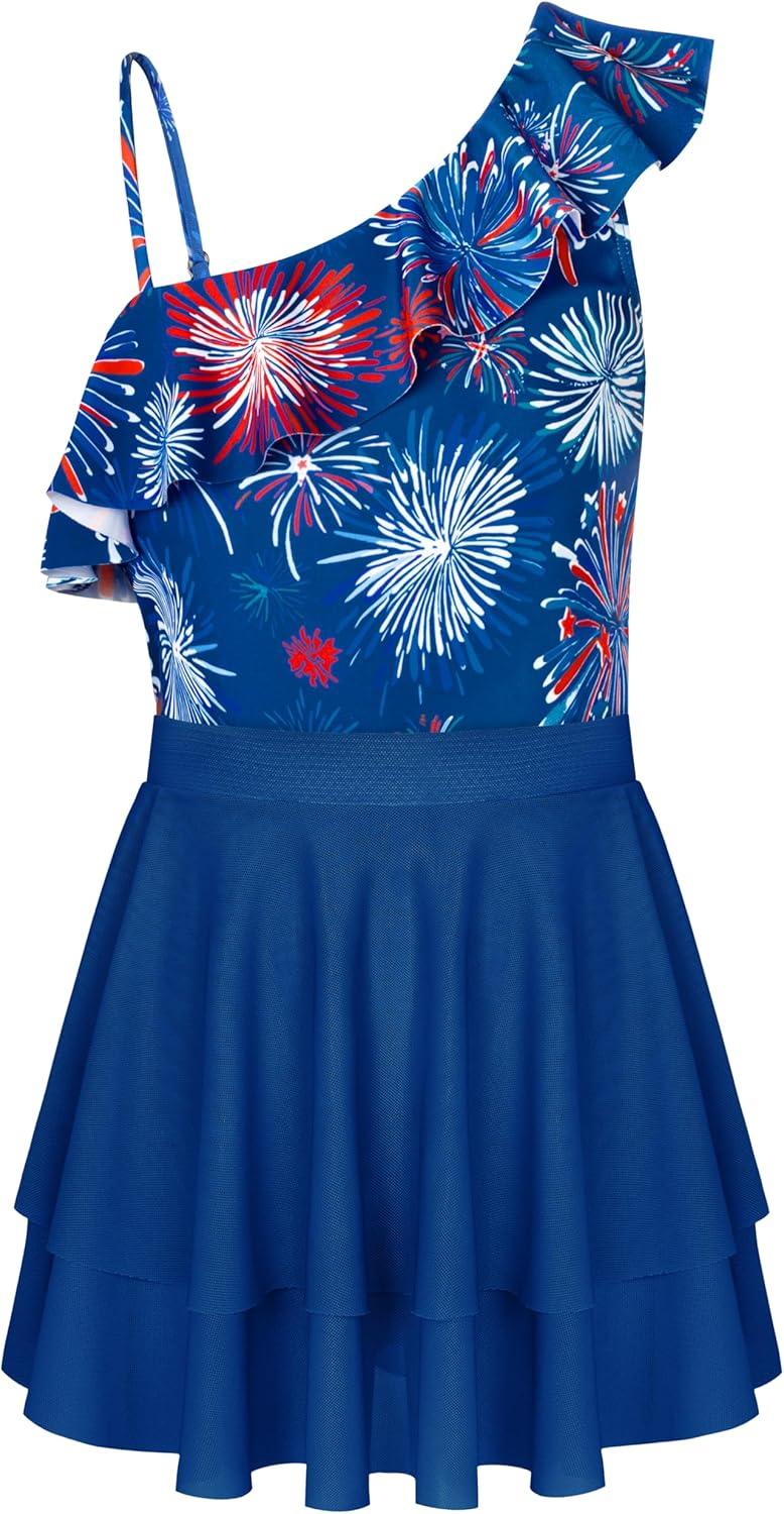 imageGRACE KARIN Girls Swimsuit with Skirt One Piece Bathing Suit Swimwear 614YRed and Blue Fireworks