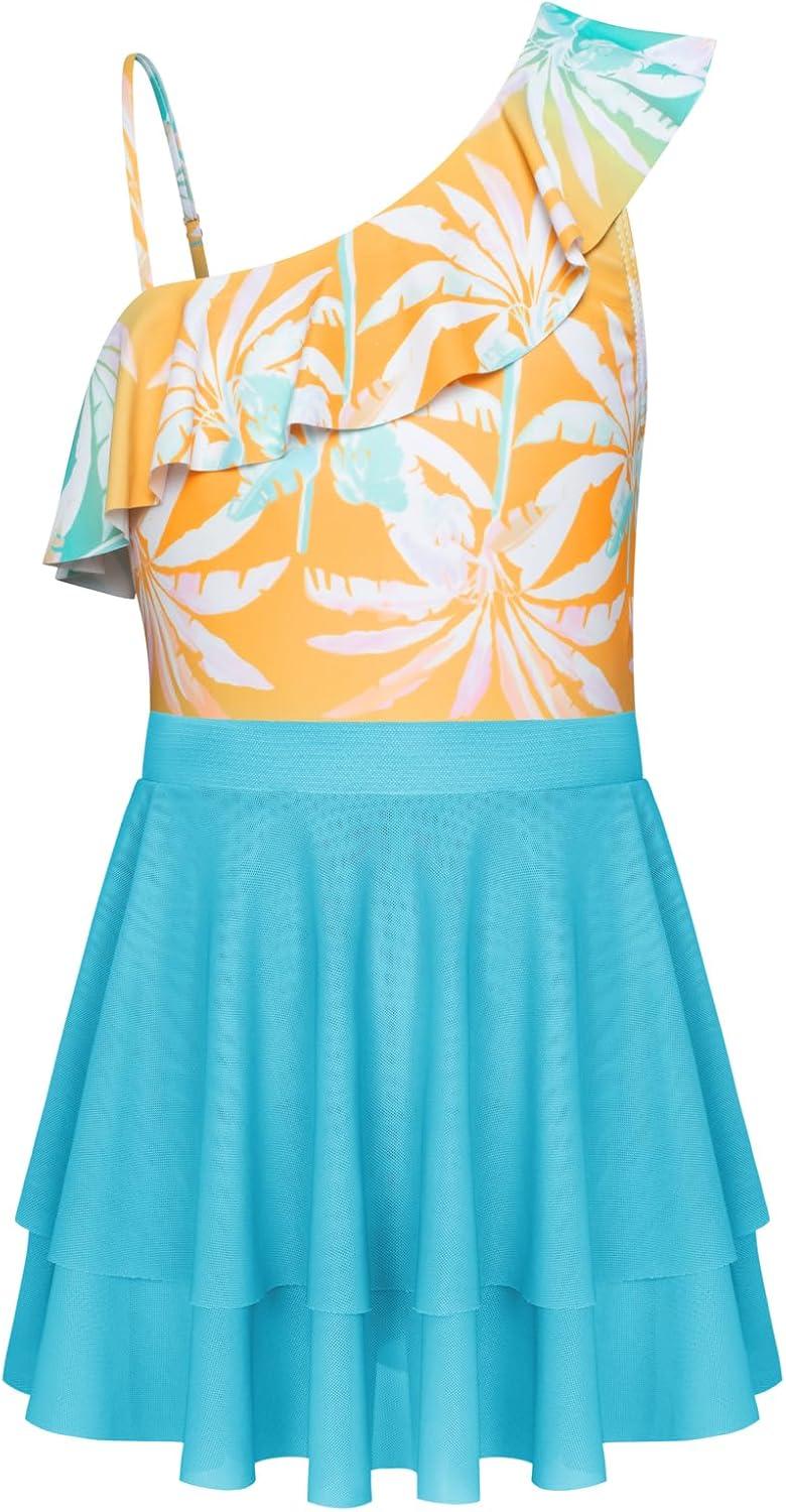 imageGRACE KARIN Girls Swimsuit with Skirt One Piece Bathing Suit Swimwear 614YYellow Green Coconut Tree