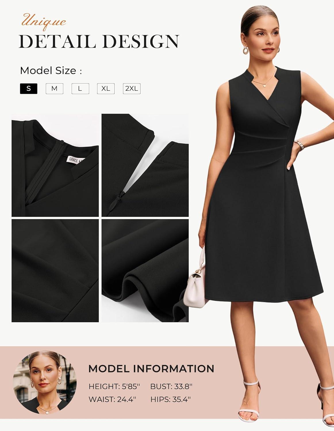 imageGRACE KARIN Women 2026 Summer Work Dress Sleeveless V Neck Elegant Midi Dresses A Line Ruched Waist Business DressesBlack