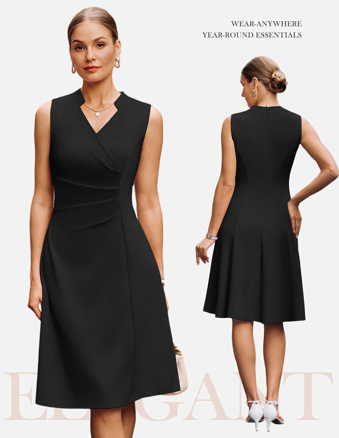 imageGRACE KARIN Women 2026 Summer Work Dress Sleeveless V Neck Elegant Midi Dresses A Line Ruched Waist Business DressesBlack