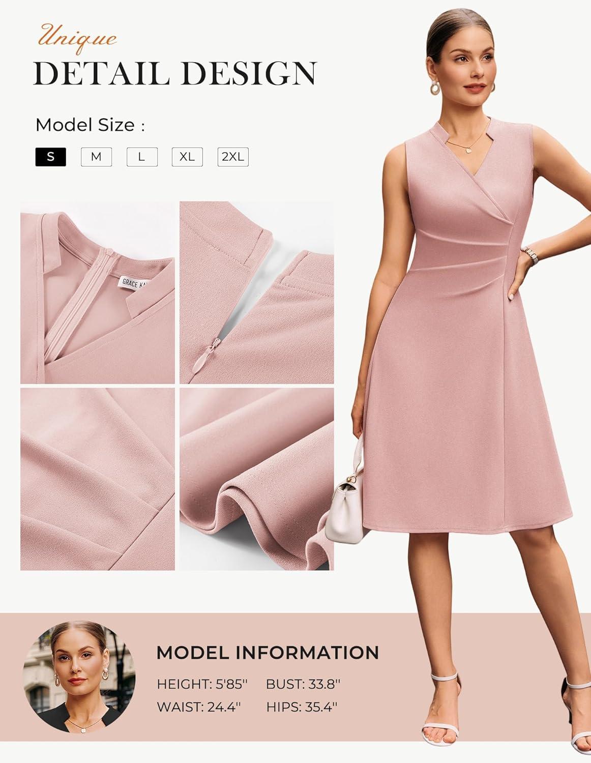 imageGRACE KARIN Women 2026 Summer Work Dress Sleeveless V Neck Elegant Midi Dresses A Line Ruched Waist Business DressesGrey Pink