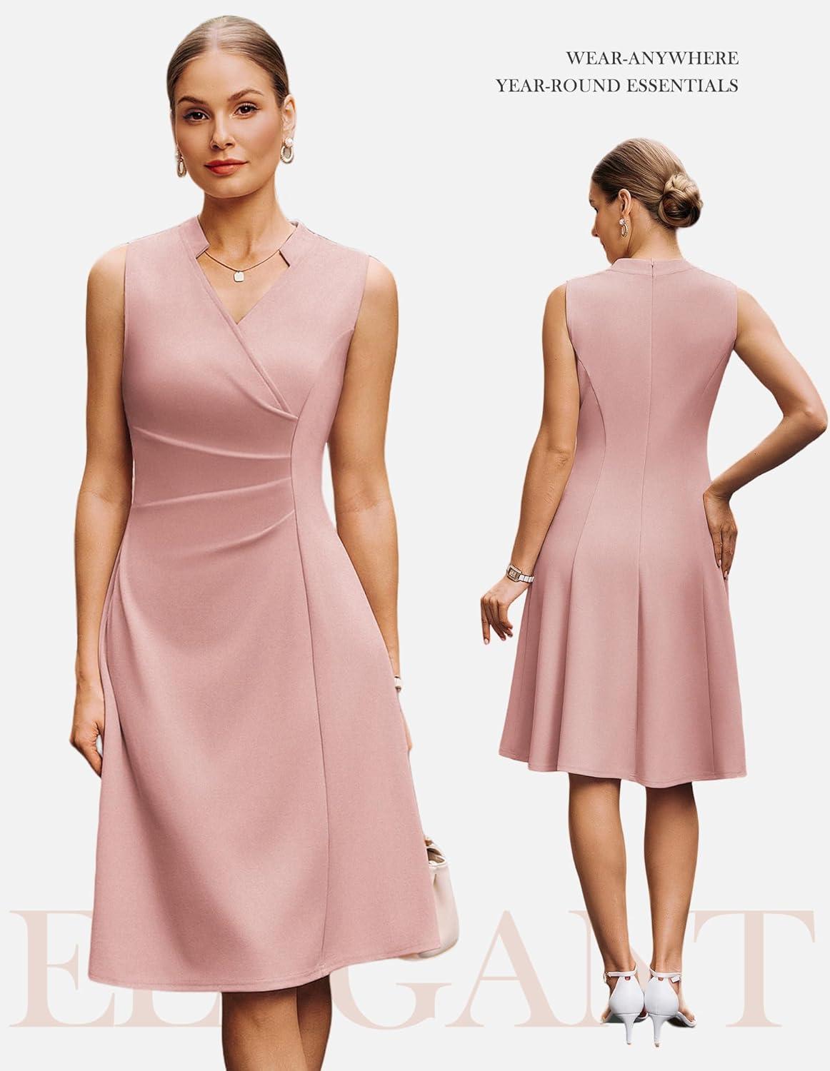 imageGRACE KARIN Women 2026 Summer Work Dress Sleeveless V Neck Elegant Midi Dresses A Line Ruched Waist Business DressesGrey Pink