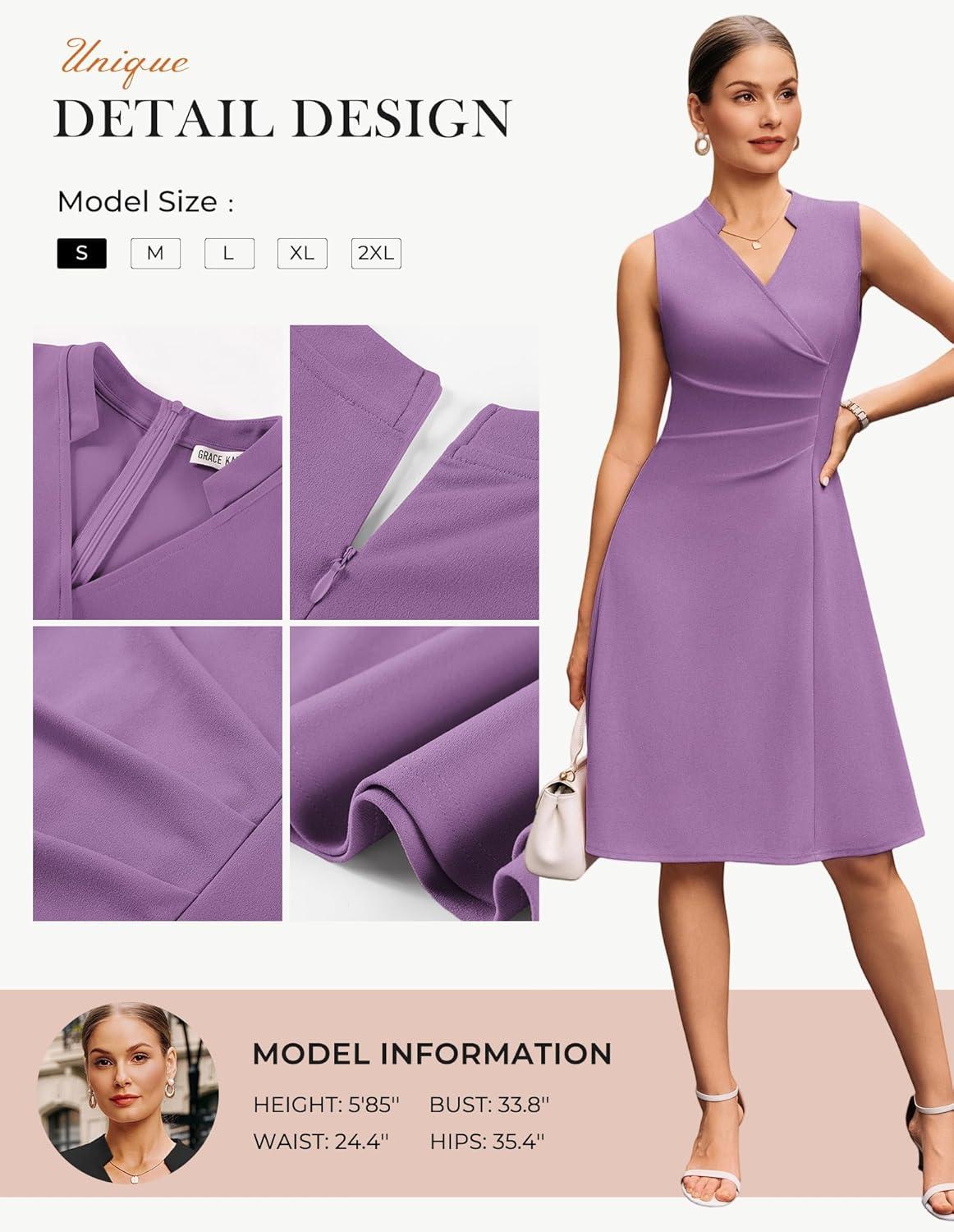 imageGRACE KARIN Women 2026 Summer Work Dress Sleeveless V Neck Elegant Midi Dresses A Line Ruched Waist Business DressesLavender Purple