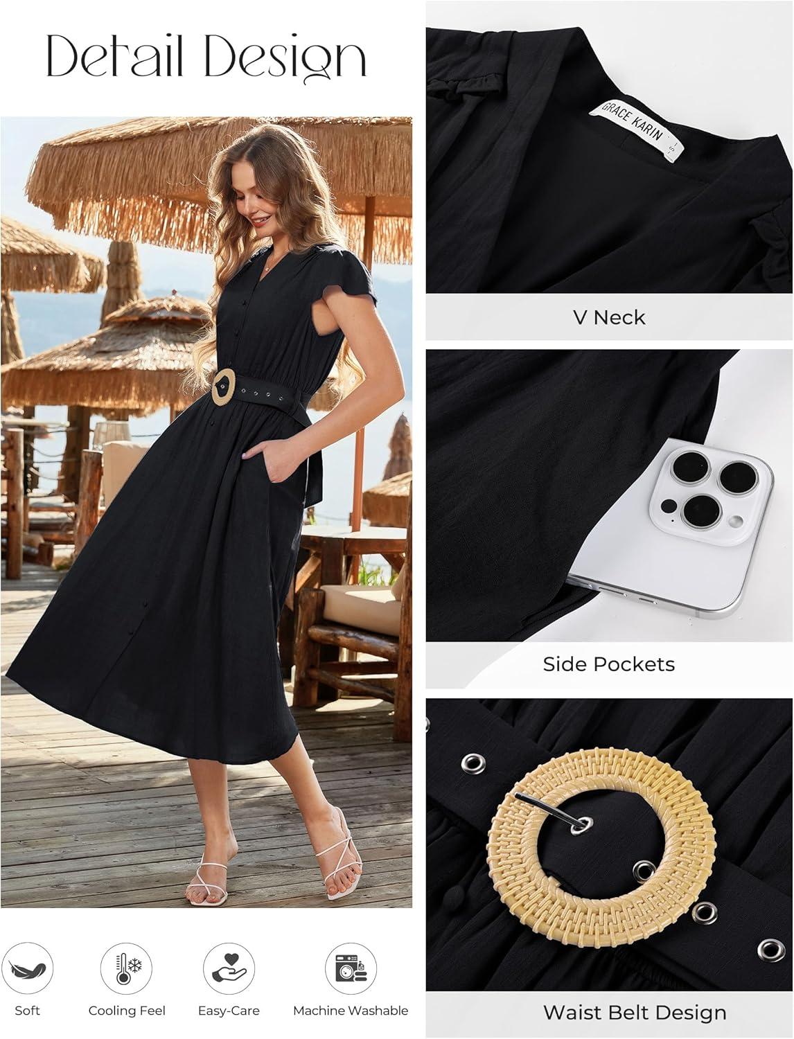 imageGRACE KARIN Womens Short Sleeve V Neck DressCasual Summer DressFlowy A Line Maxi DressesBlack