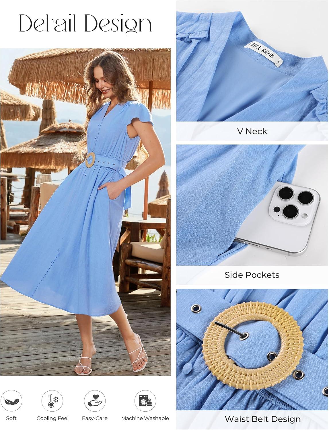 imageGRACE KARIN Womens Short Sleeve V Neck DressCasual Summer DressFlowy A Line Maxi DressesBlue