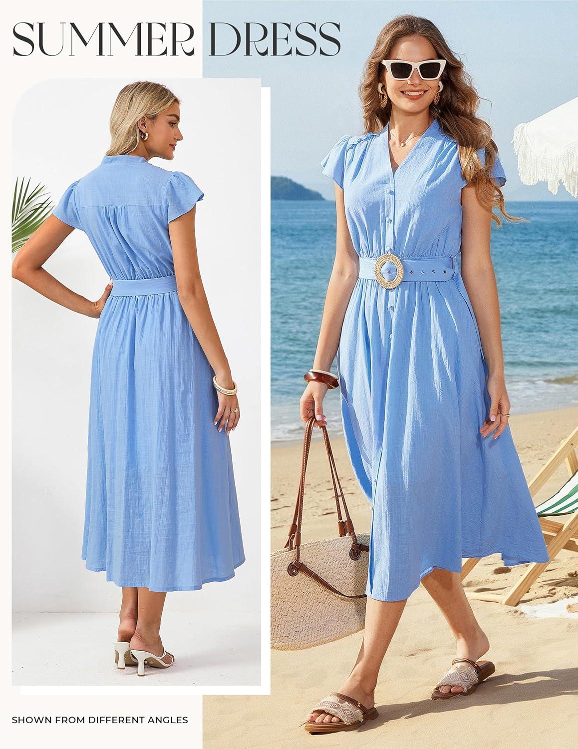 imageGRACE KARIN Womens Short Sleeve V Neck DressCasual Summer DressFlowy A Line Maxi DressesBlue