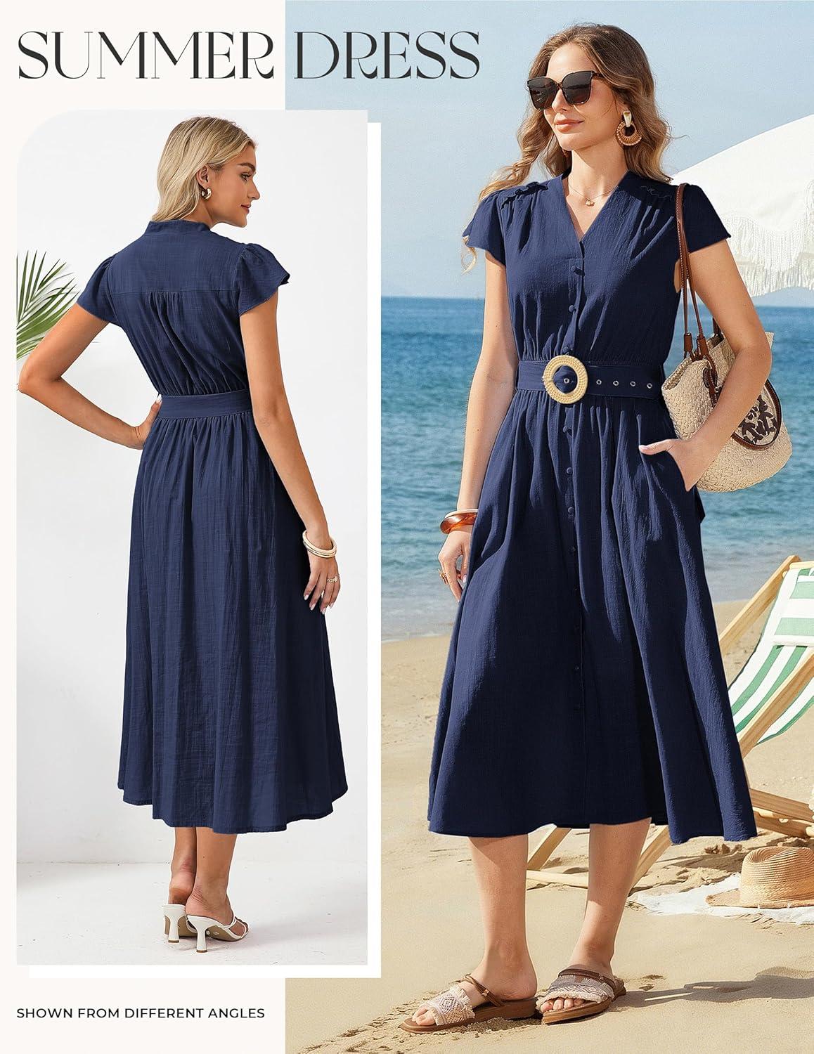 imageGRACE KARIN Womens Short Sleeve V Neck DressCasual Summer DressFlowy A Line Maxi DressesNavy Blue