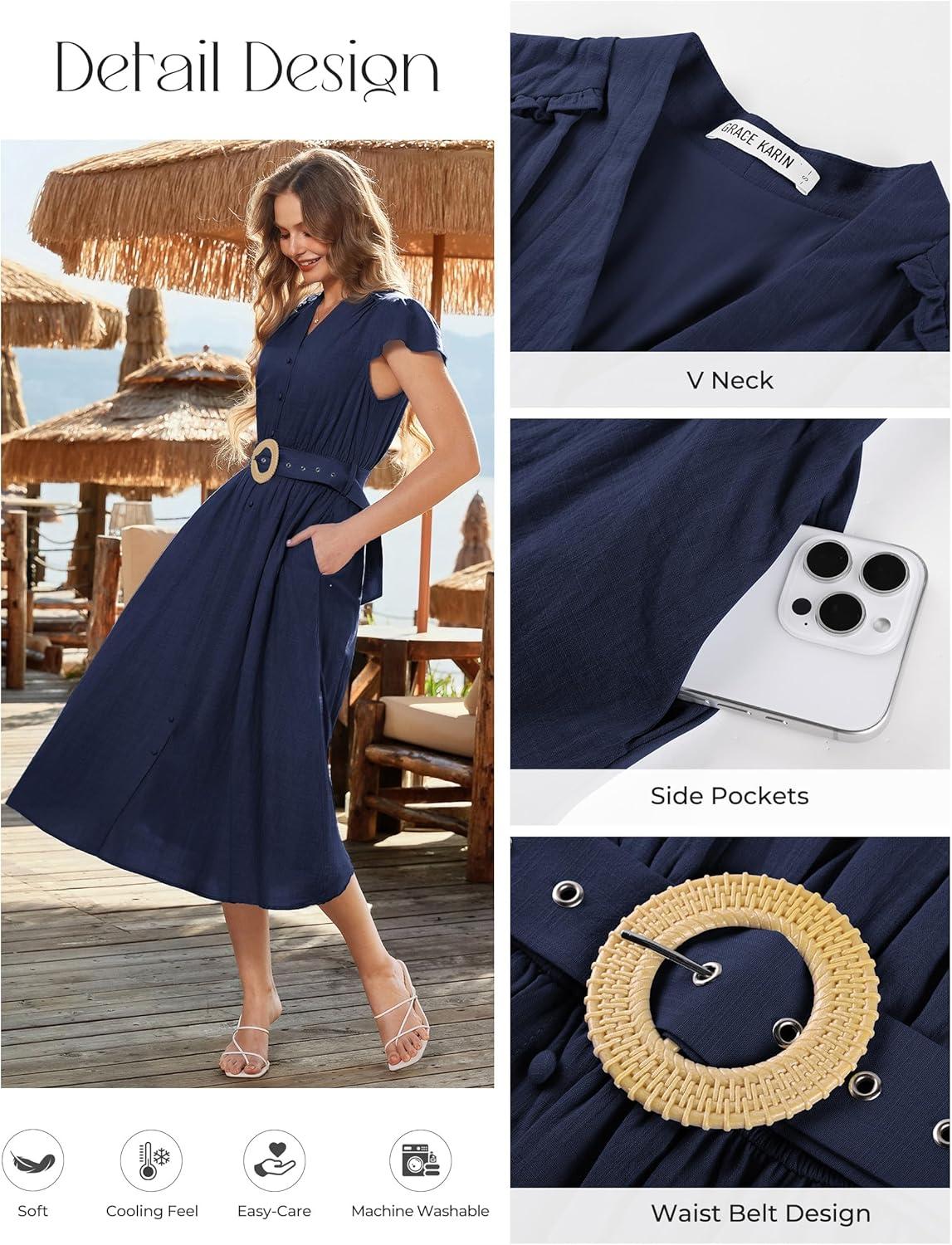 imageGRACE KARIN Womens Short Sleeve V Neck DressCasual Summer DressFlowy A Line Maxi DressesNavy Blue