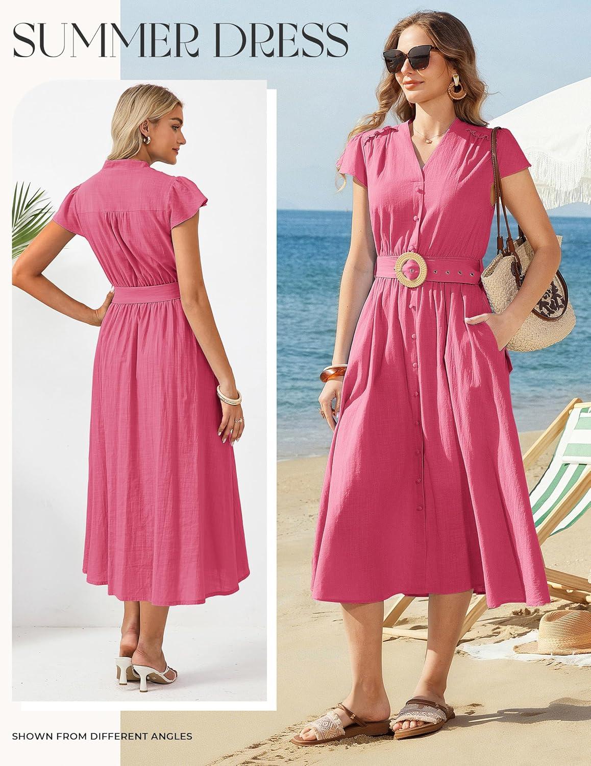 imageGRACE KARIN Womens Short Sleeve V Neck DressCasual Summer DressFlowy A Line Maxi DressesRed