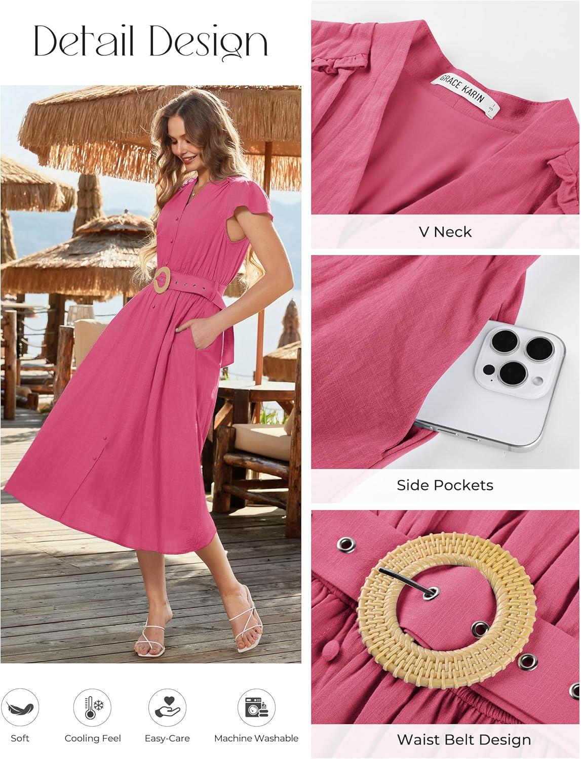 imageGRACE KARIN Womens Short Sleeve V Neck DressCasual Summer DressFlowy A Line Maxi DressesRed