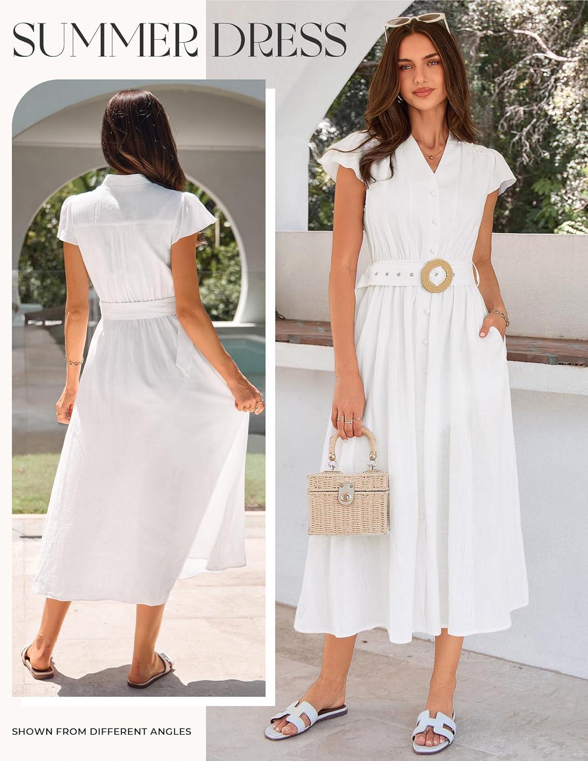 imageGRACE KARIN Womens Short Sleeve V Neck DressCasual Summer DressFlowy A Line Maxi DressesWhite