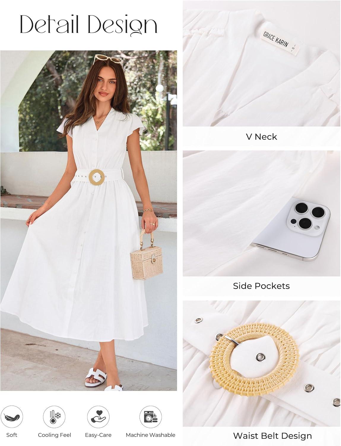imageGRACE KARIN Womens Short Sleeve V Neck DressCasual Summer DressFlowy A Line Maxi DressesWhite
