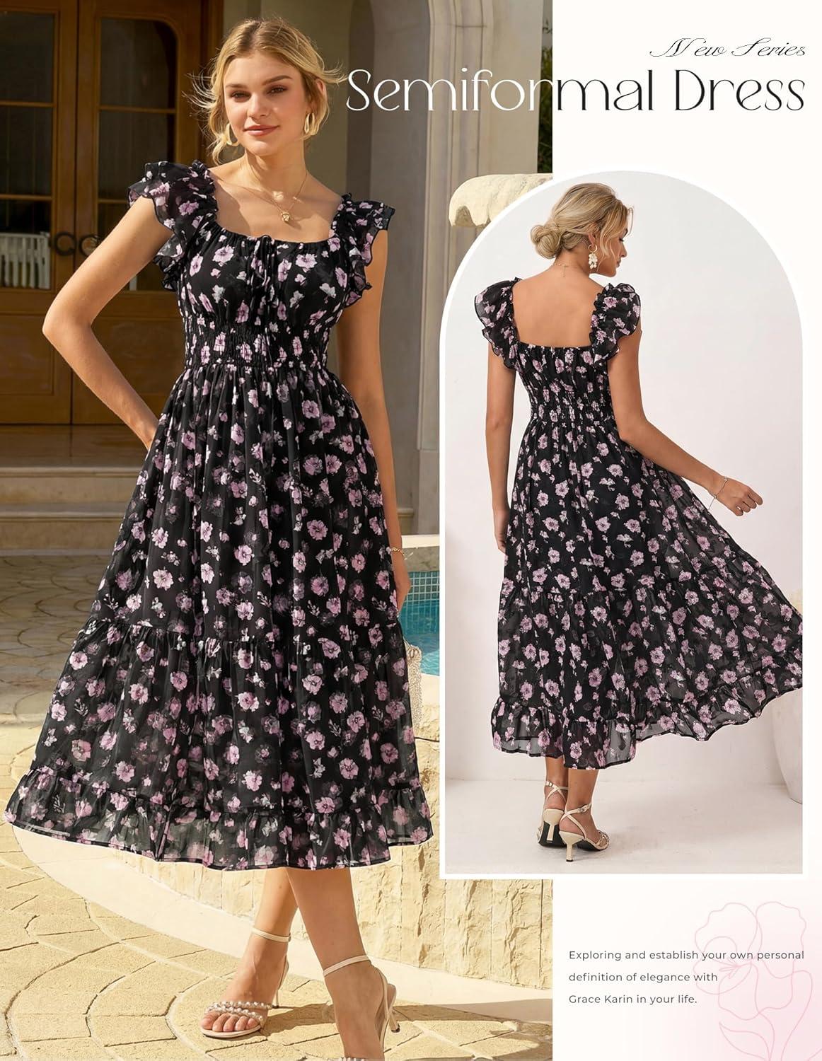 imageGRACE KARIN Womens Summer Floral Midi DressSquare Neck Wedding Guest Party DressesRuffle Sleeve Smocked Vacation OutfitBlack