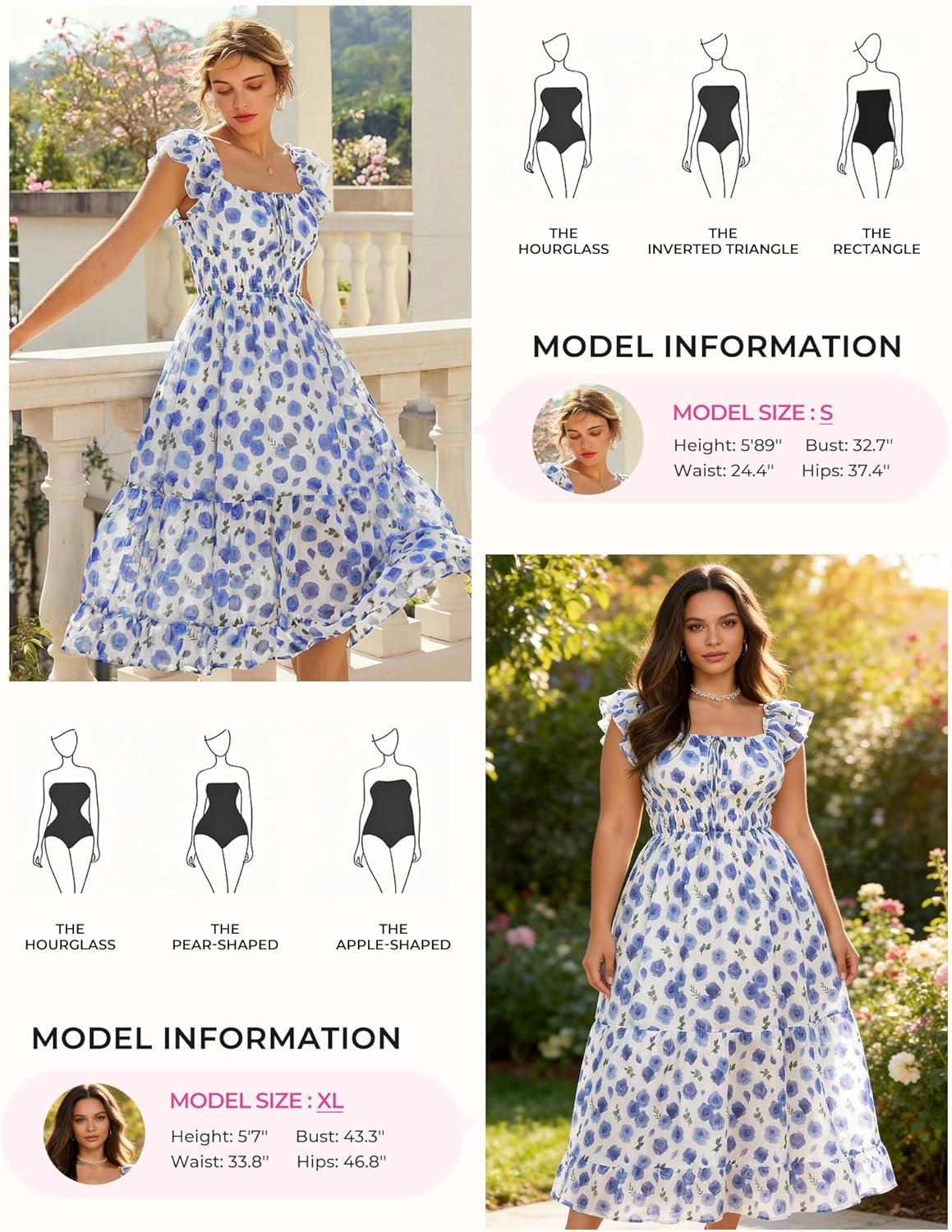 imageGRACE KARIN Womens Summer Floral Midi DressSquare Neck Wedding Guest Party DressesRuffle Sleeve Smocked Vacation OutfitBlue Floral
