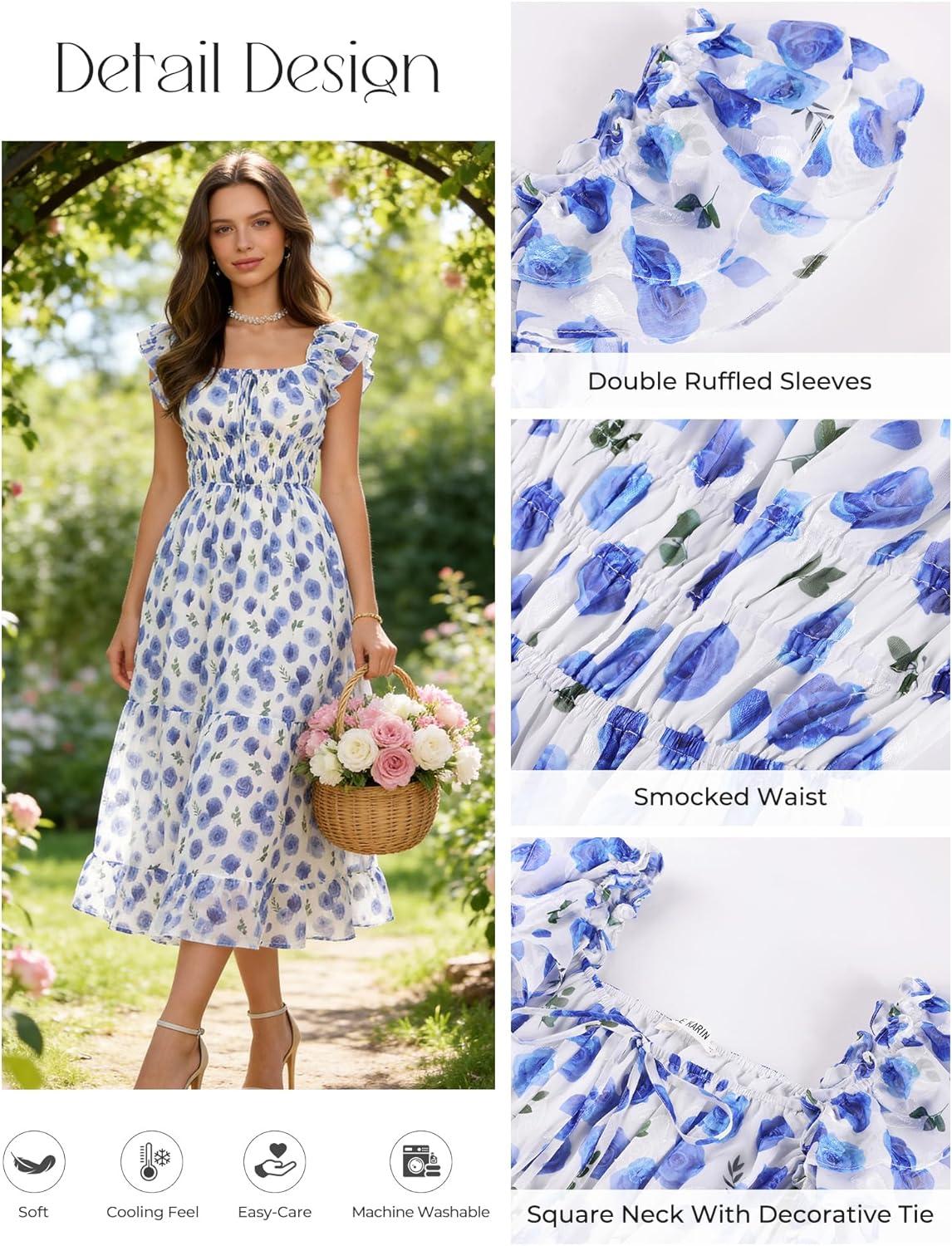 imageGRACE KARIN Womens Summer Floral Midi DressSquare Neck Wedding Guest Party DressesRuffle Sleeve Smocked Vacation OutfitBlue Floral