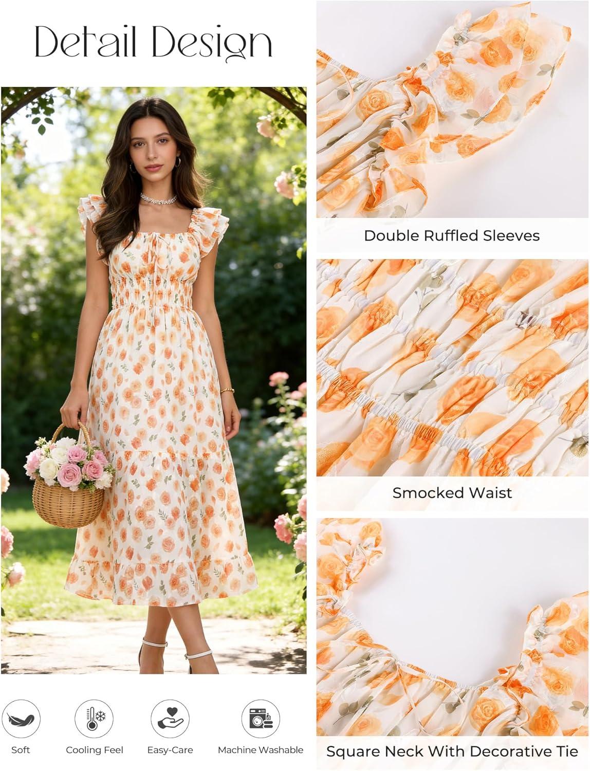 imageGRACE KARIN Womens Summer Floral Midi DressSquare Neck Wedding Guest Party DressesRuffle Sleeve Smocked Vacation OutfitOrange Floral
