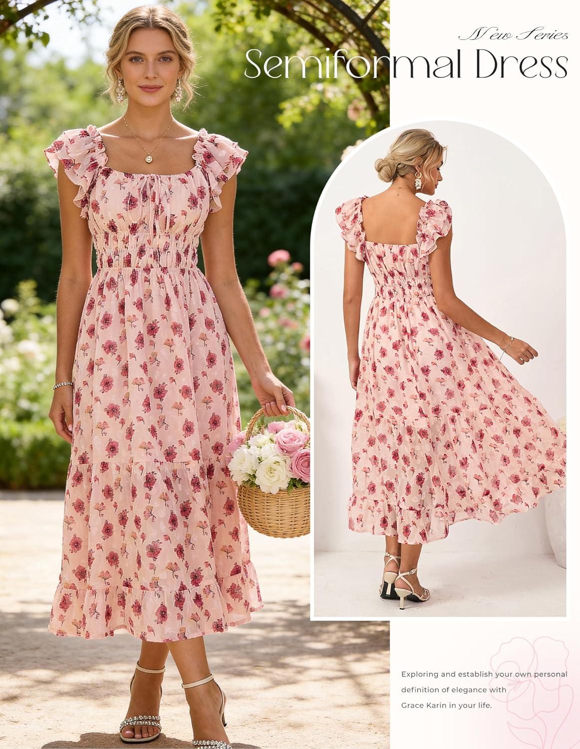 imageGRACE KARIN Womens Summer Floral Midi DressSquare Neck Wedding Guest Party DressesRuffle Sleeve Smocked Vacation OutfitPink Rose