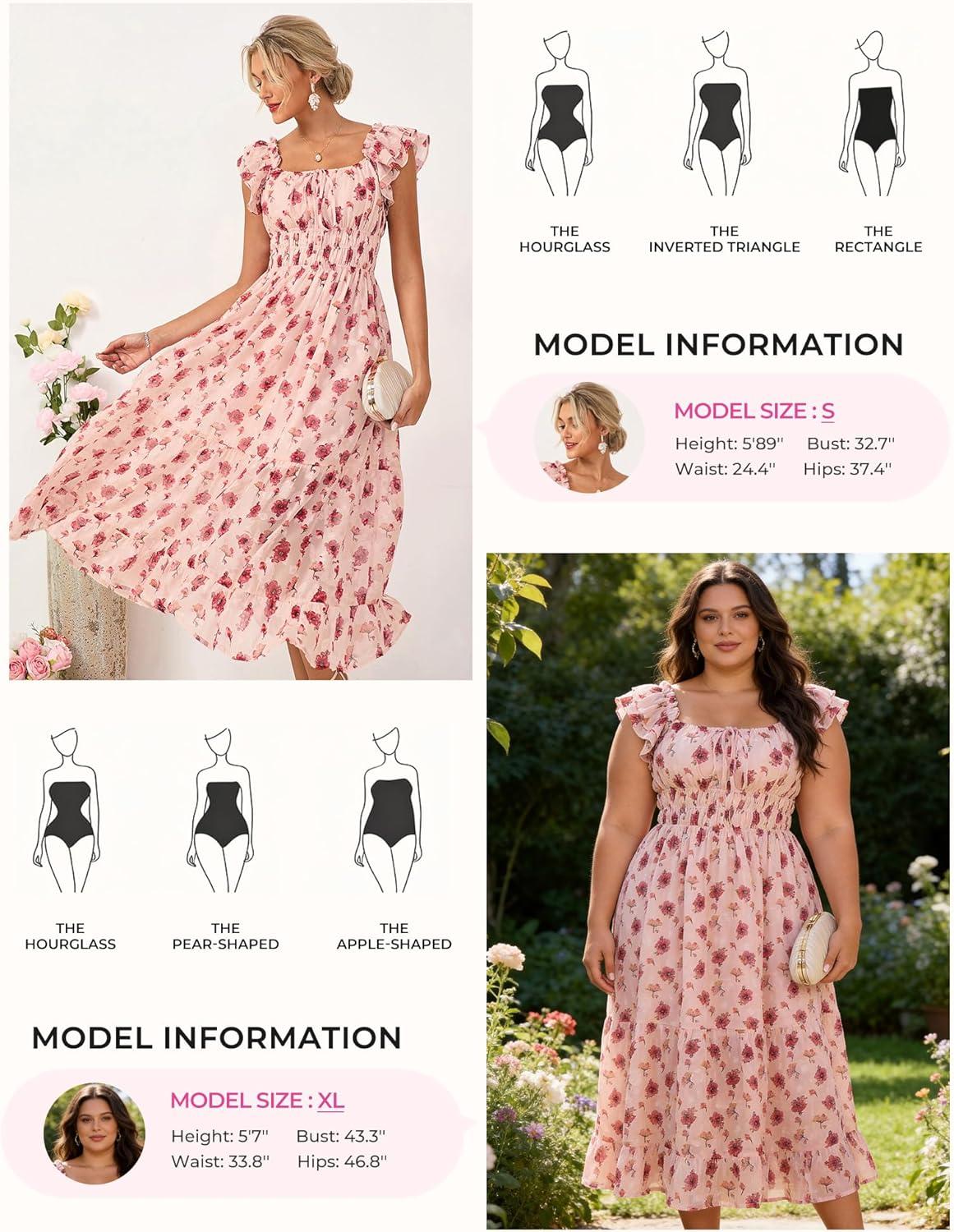imageGRACE KARIN Womens Summer Floral Midi DressSquare Neck Wedding Guest Party DressesRuffle Sleeve Smocked Vacation OutfitPink Rose