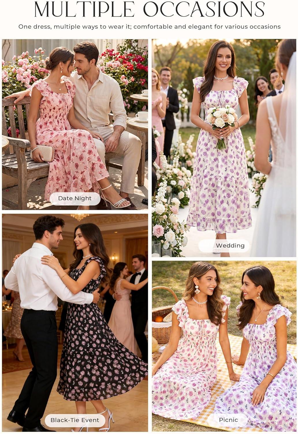 imageGRACE KARIN Womens Summer Floral Midi DressSquare Neck Wedding Guest Party DressesRuffle Sleeve Smocked Vacation OutfitPink Rose