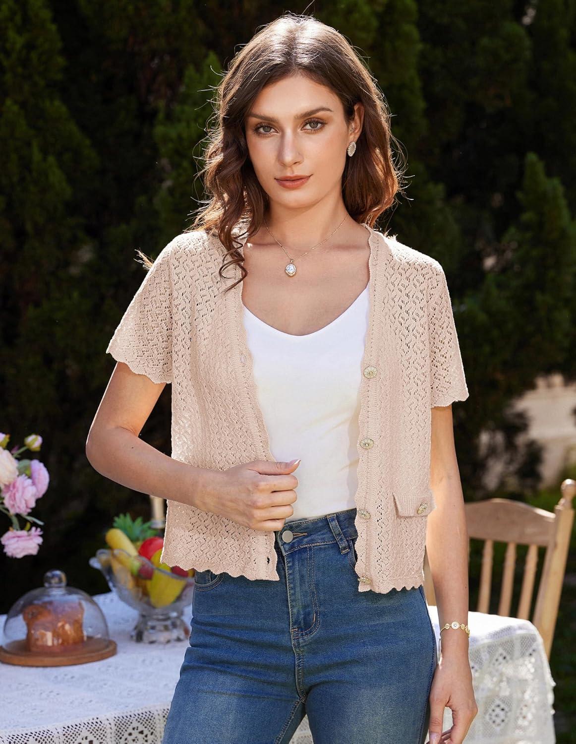imageWomens 2026 Cropped Cardigan Short Sleeve Lightweight Crochet Shrug HollowedOut Knit Sweater TopsApricot