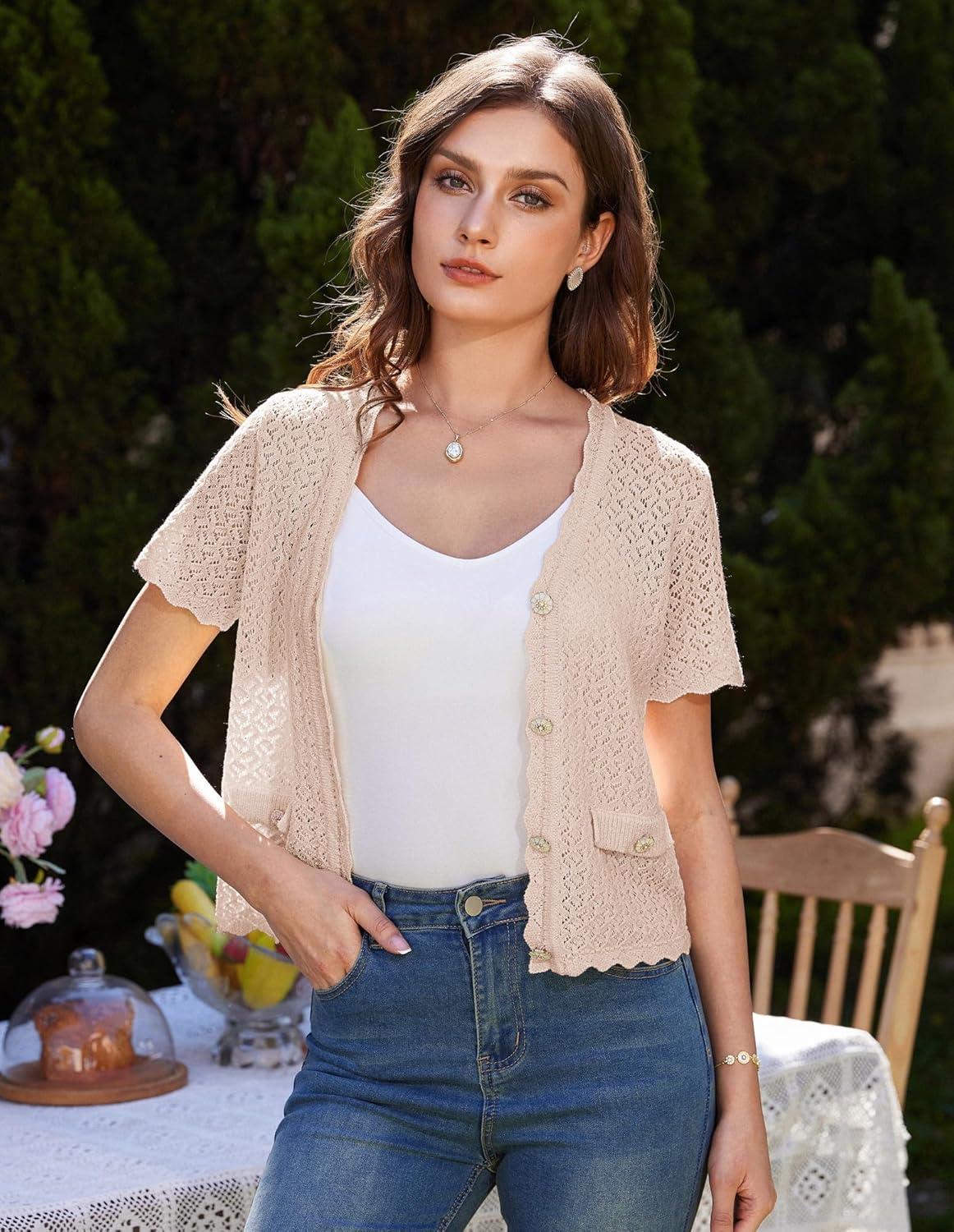 imageWomens 2026 Cropped Cardigan Short Sleeve Lightweight Crochet Shrug HollowedOut Knit Sweater TopsApricot