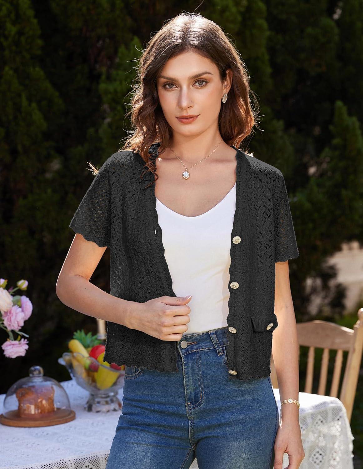 imageWomens 2026 Cropped Cardigan Short Sleeve Lightweight Crochet Shrug HollowedOut Knit Sweater TopsBlack