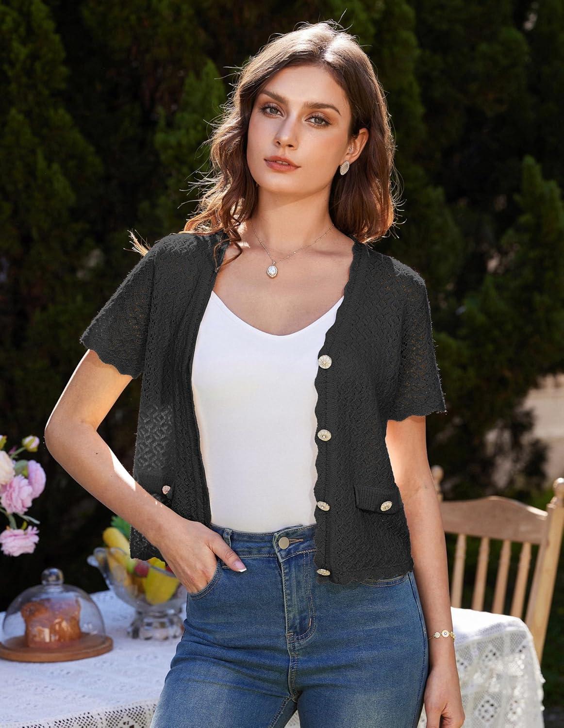 imageWomens 2026 Cropped Cardigan Short Sleeve Lightweight Crochet Shrug HollowedOut Knit Sweater TopsBlack