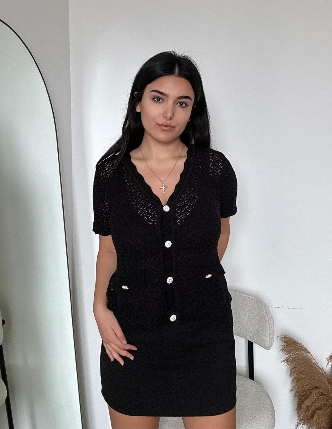 imageWomens 2026 Cropped Cardigan Short Sleeve Lightweight Crochet Shrug HollowedOut Knit Sweater TopsBlack