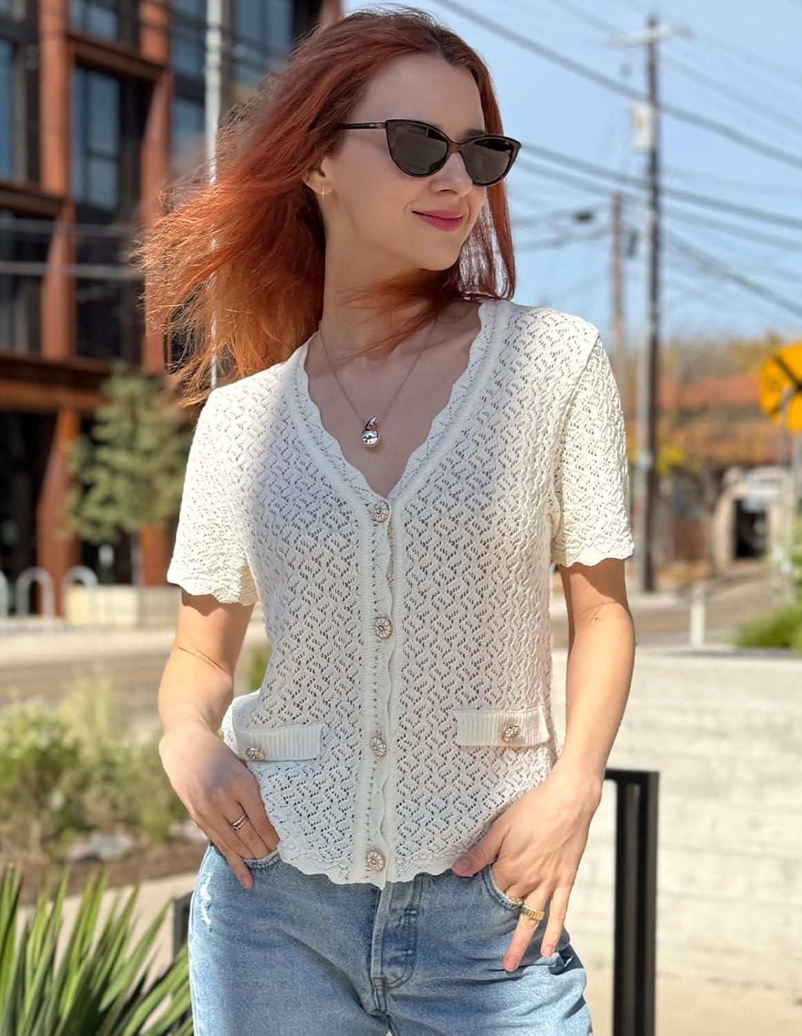 imageWomens 2026 Cropped Cardigan Short Sleeve Lightweight Crochet Shrug HollowedOut Knit Sweater TopsWhite