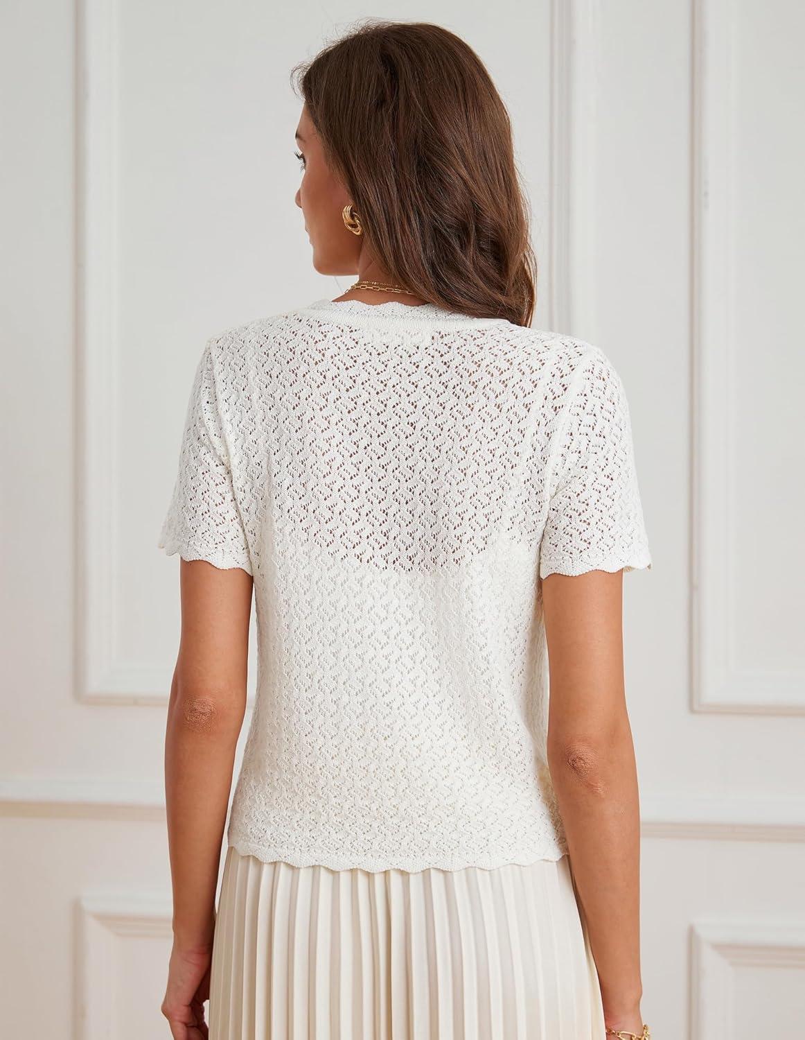 imageWomens 2026 Cropped Cardigan Short Sleeve Lightweight Crochet Shrug HollowedOut Knit Sweater TopsWhite