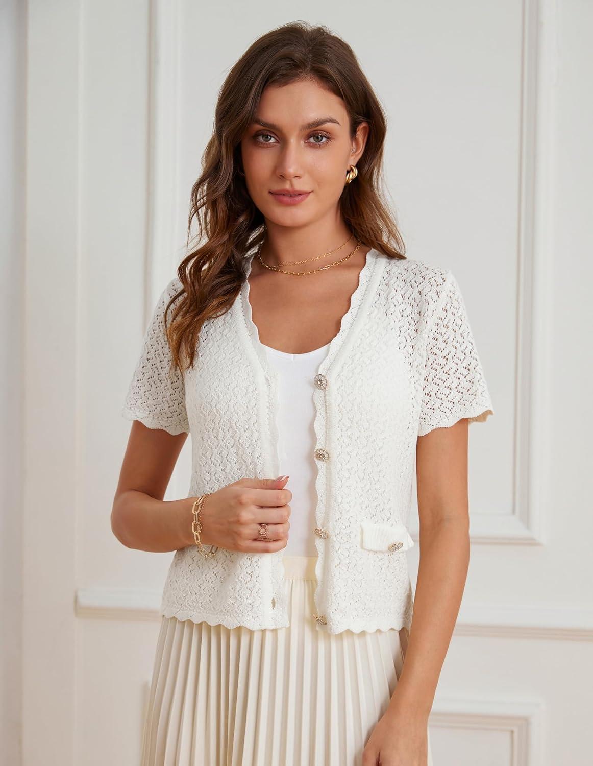 imageWomens 2026 Cropped Cardigan Short Sleeve Lightweight Crochet Shrug HollowedOut Knit Sweater TopsWhite