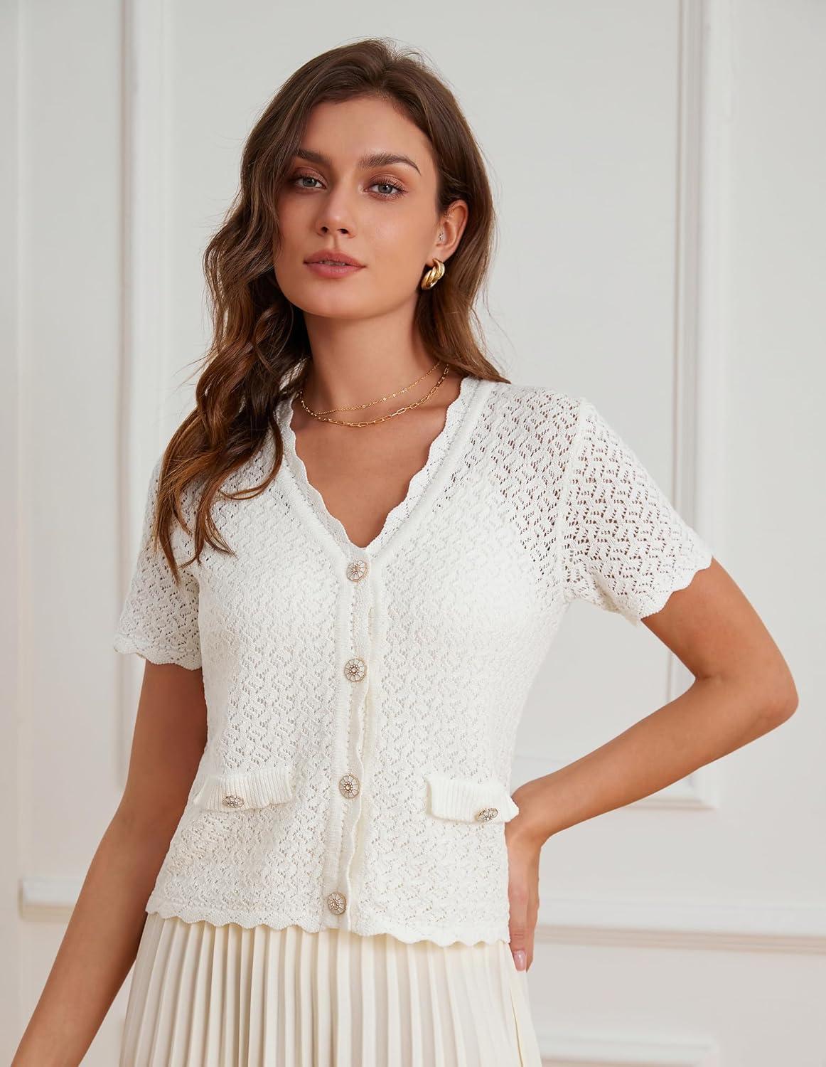 imageWomens 2026 Cropped Cardigan Short Sleeve Lightweight Crochet Shrug HollowedOut Knit Sweater TopsWhite