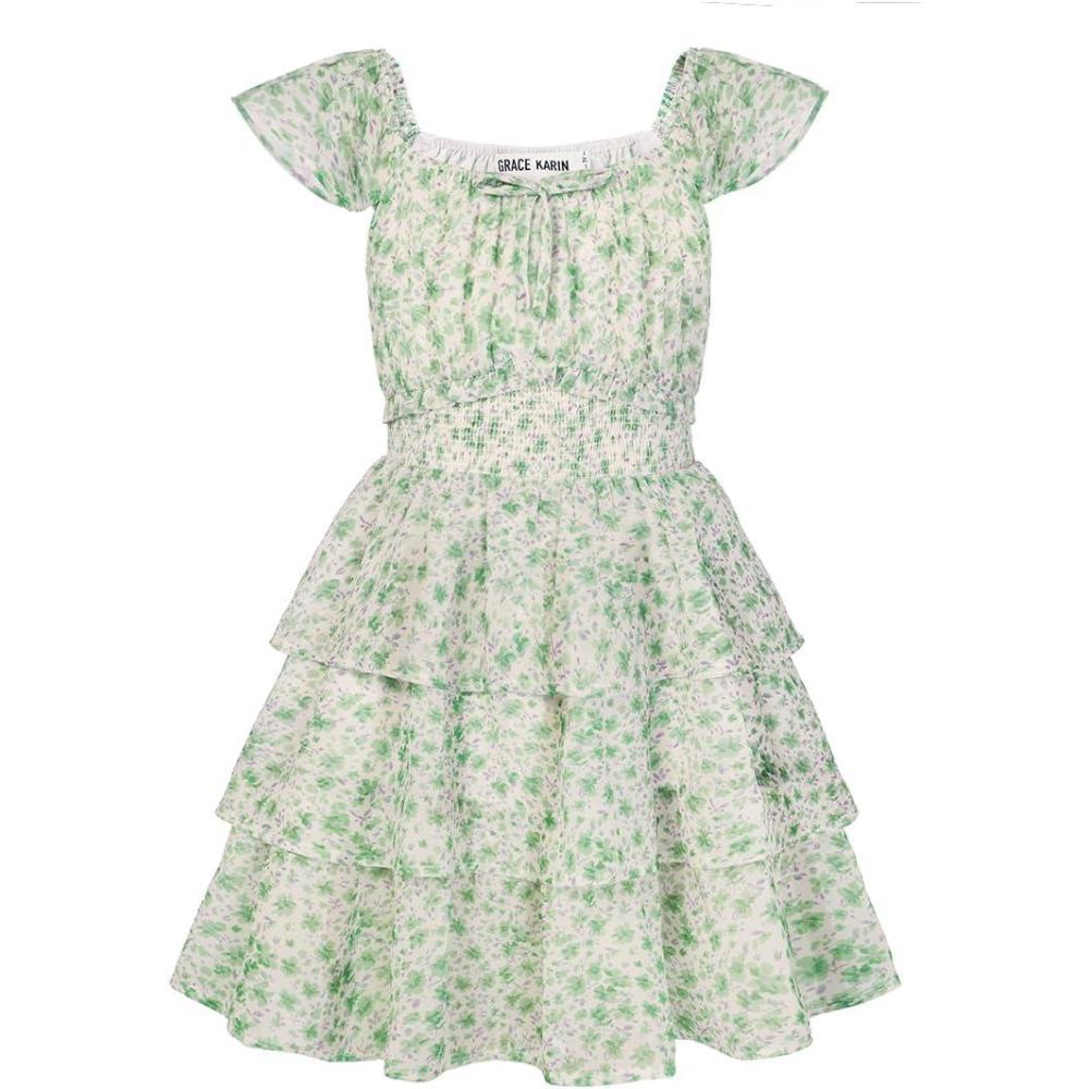 imageGRACE KARIN Girls Spring Summer Floral Dress Teen Ruffle Smocked 3 Layerr Dresses Kids Cute Boho Easter Clothes Size 714Green Floral