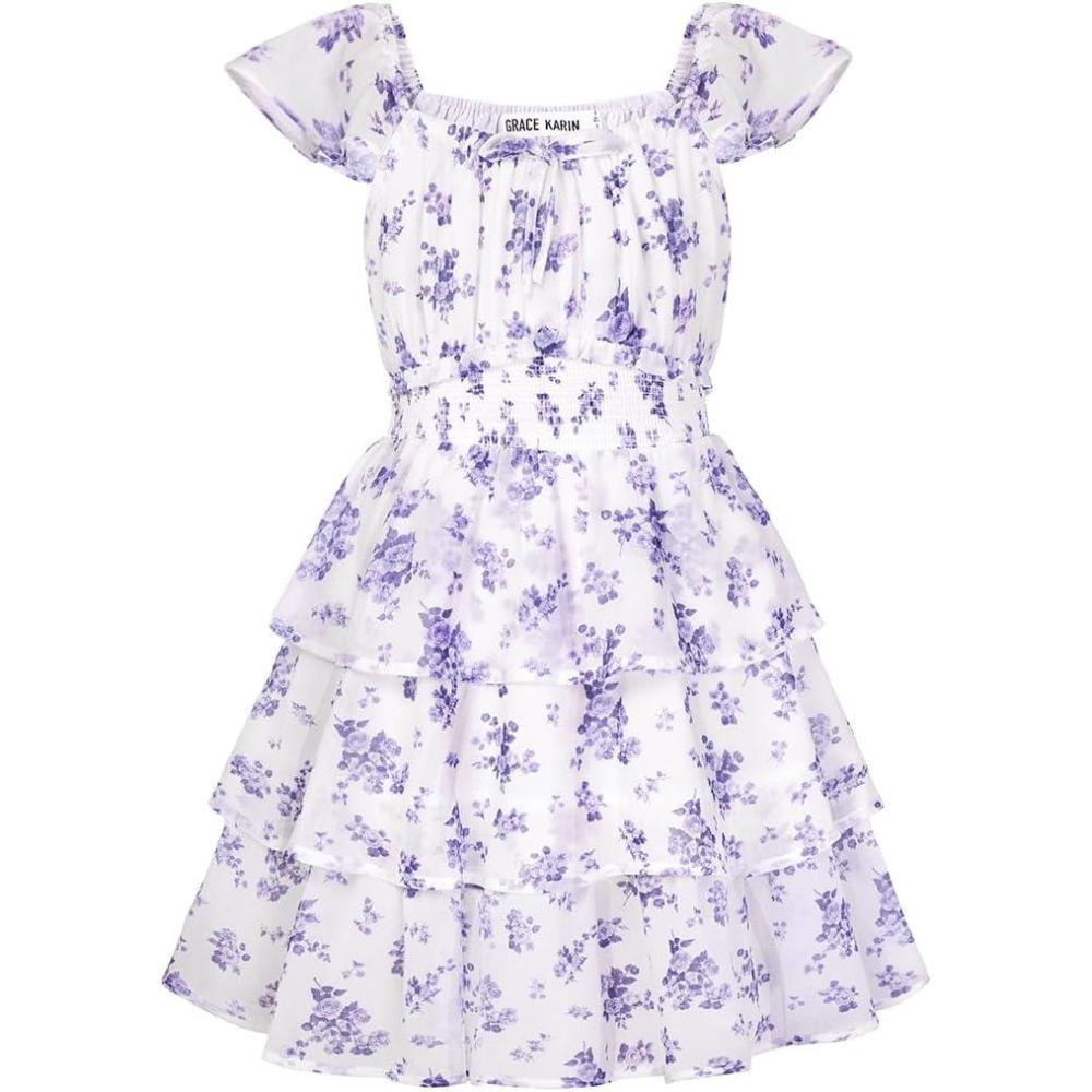 imageGRACE KARIN Girls Spring Summer Floral Dress Teen Ruffle Smocked 3 Layerr Dresses Kids Cute Boho Easter Clothes Size 714White Purple Floral