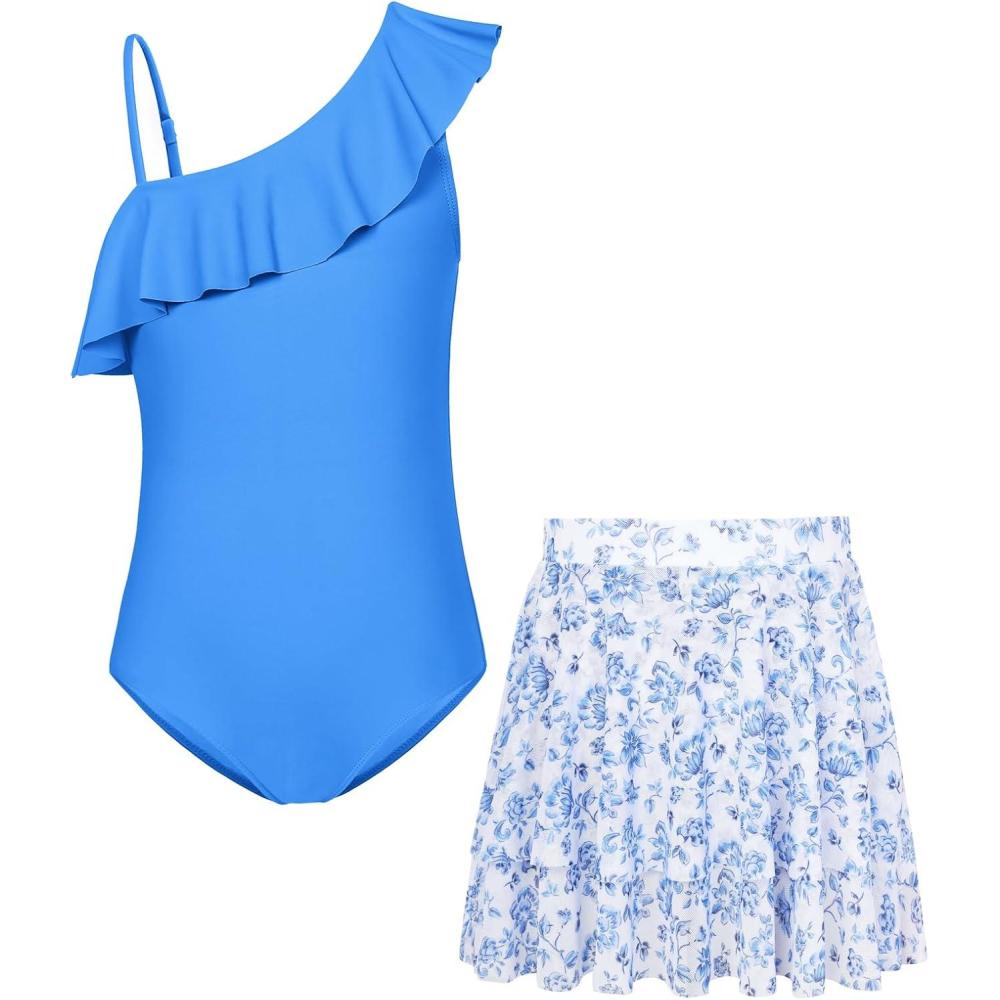 imageGRACE KARIN Girls Swimsuit with Skirt One Piece Bathing Suit Swimwear 614YBlue Flower