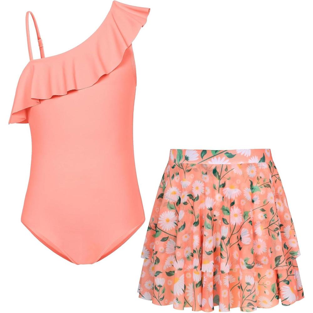 imageGRACE KARIN Girls Swimsuit with Skirt One Piece Bathing Suit Swimwear 614YOrange Pink Daisy
