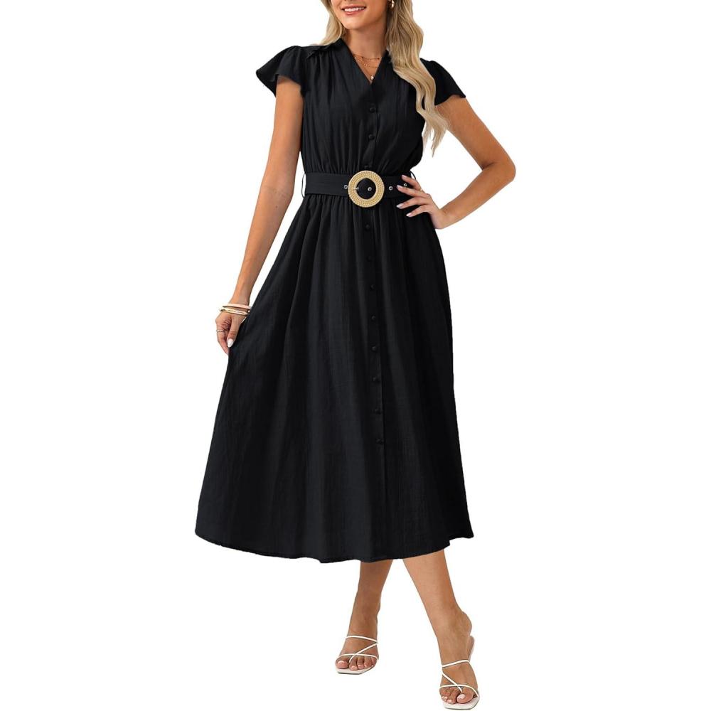 imageGRACE KARIN Womens Short Sleeve V Neck DressCasual Summer DressFlowy A Line Maxi DressesBlack