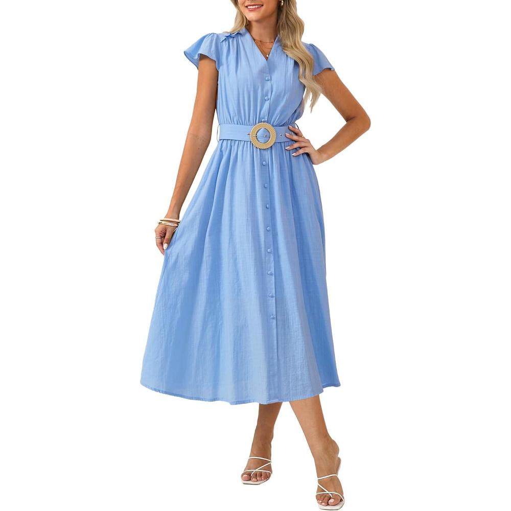 imageGRACE KARIN Womens Short Sleeve V Neck DressCasual Summer DressFlowy A Line Maxi DressesBlue