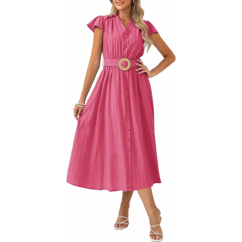 imageGRACE KARIN Womens Short Sleeve V Neck DressCasual Summer DressFlowy A Line Maxi DressesRed