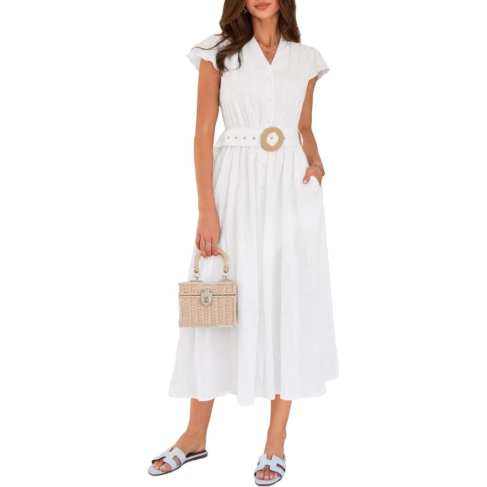 imageGRACE KARIN Womens Short Sleeve V Neck DressCasual Summer DressFlowy A Line Maxi DressesWhite