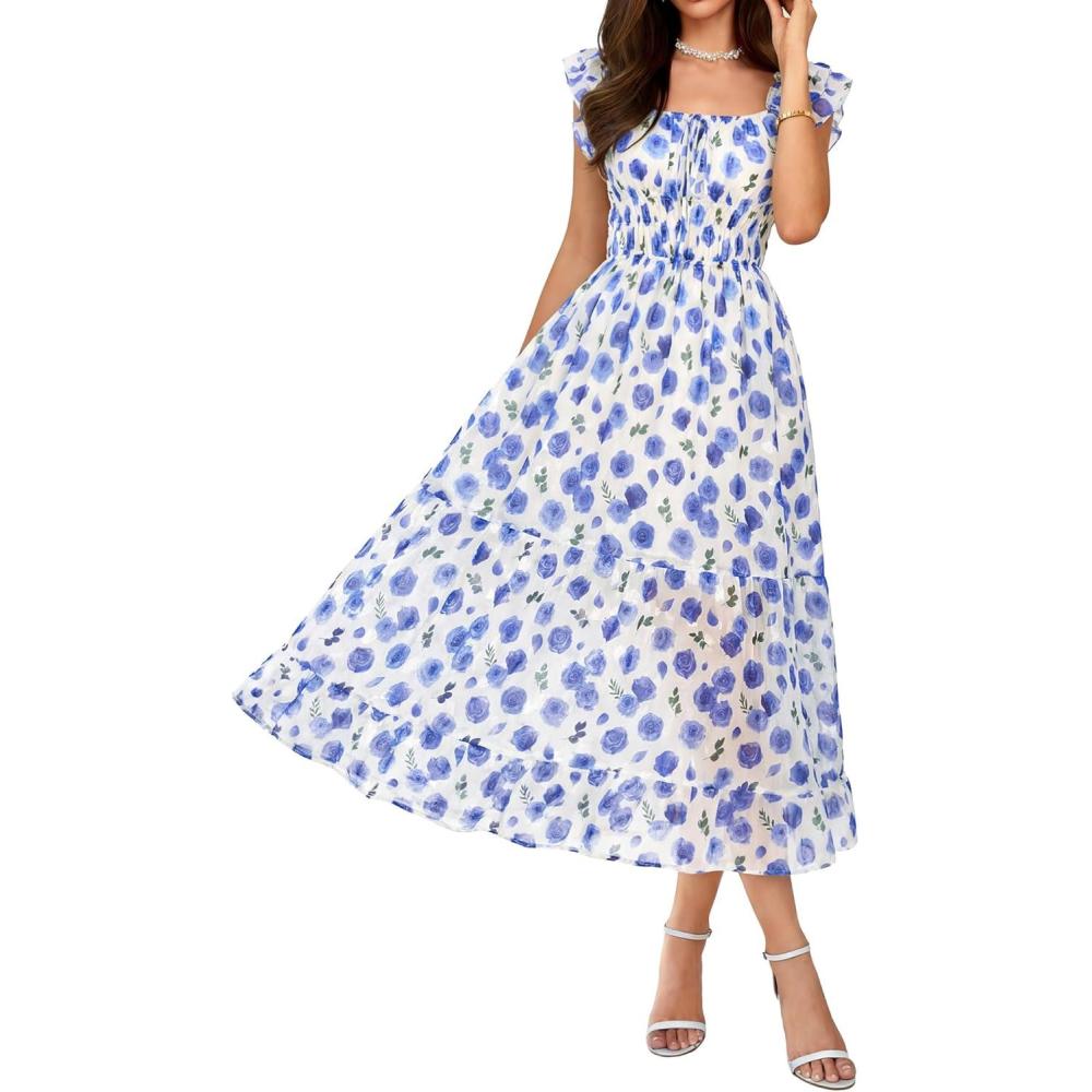 imageGRACE KARIN Womens Summer Floral Midi DressSquare Neck Wedding Guest Party DressesRuffle Sleeve Smocked Vacation OutfitBlue Floral