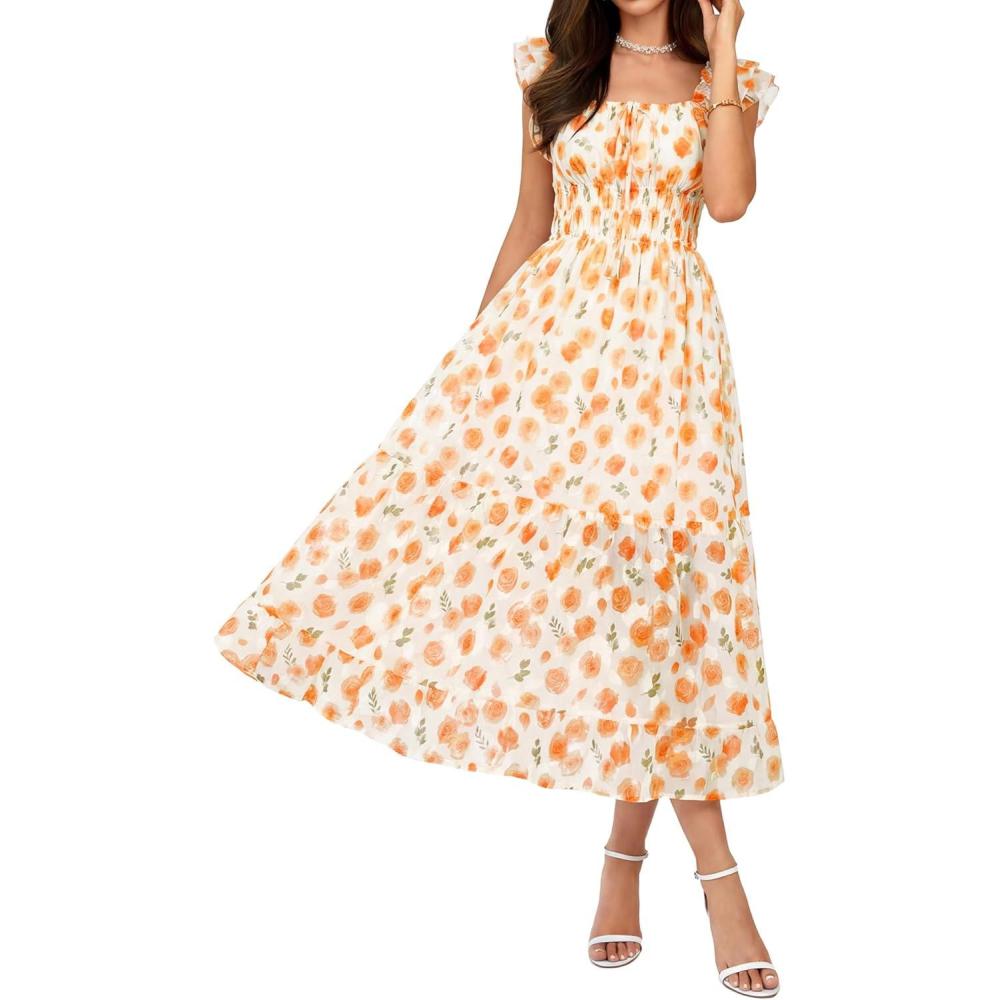 imageGRACE KARIN Womens Summer Floral Midi DressSquare Neck Wedding Guest Party DressesRuffle Sleeve Smocked Vacation OutfitOrange Floral